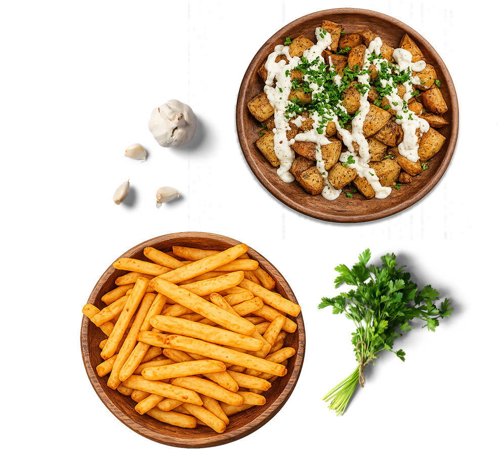 Garlic potato bites and seasoned fries