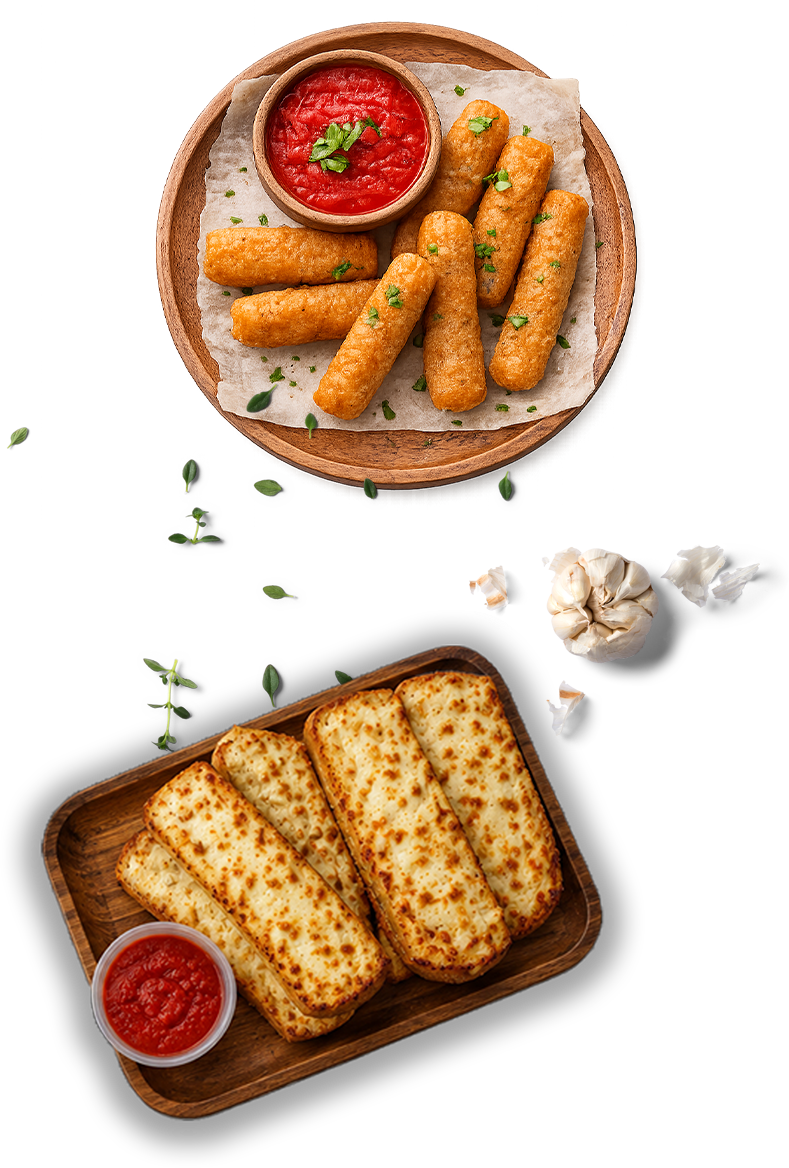 Mozzarella sticks and cheesy garlic bread