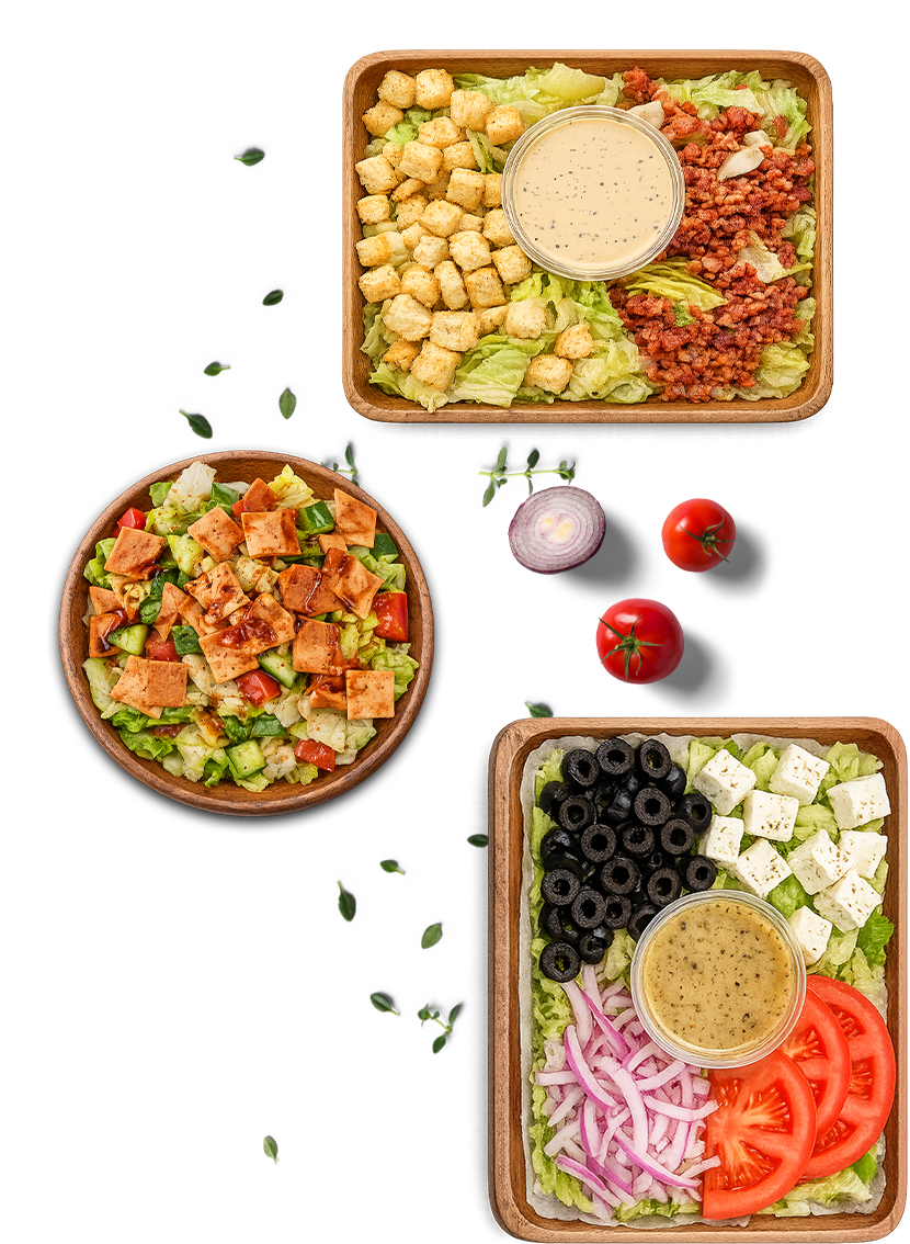 Fattoush, Greek, and Caesar salads