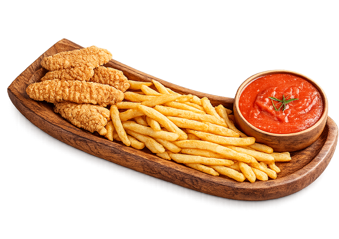 Chicken strips, fries and marinara sauce