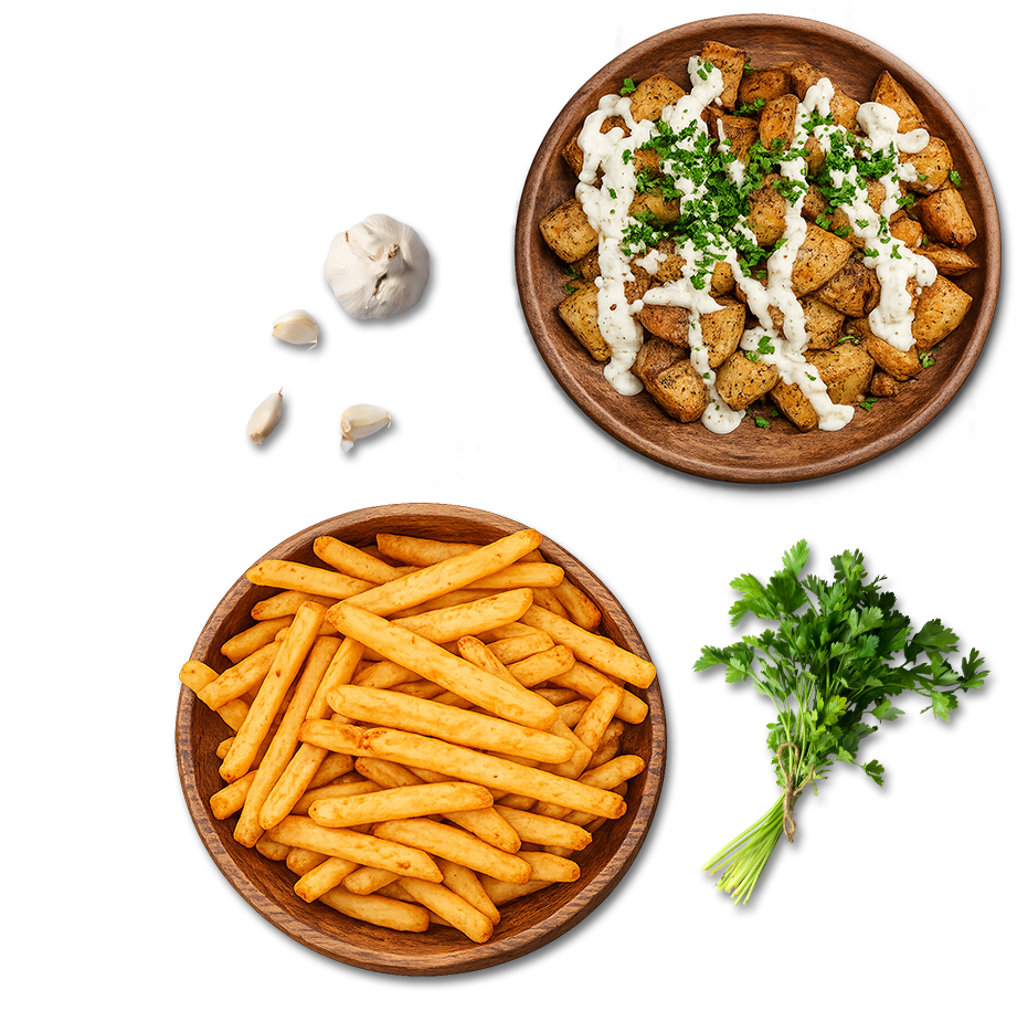 Garlic potato bites and seasoned fries