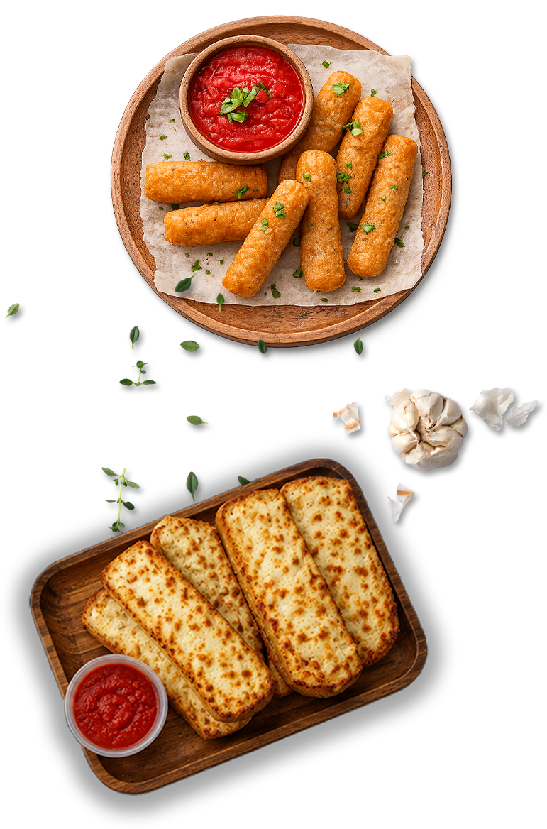 Mozzarella sticks and cheesy garlic bread