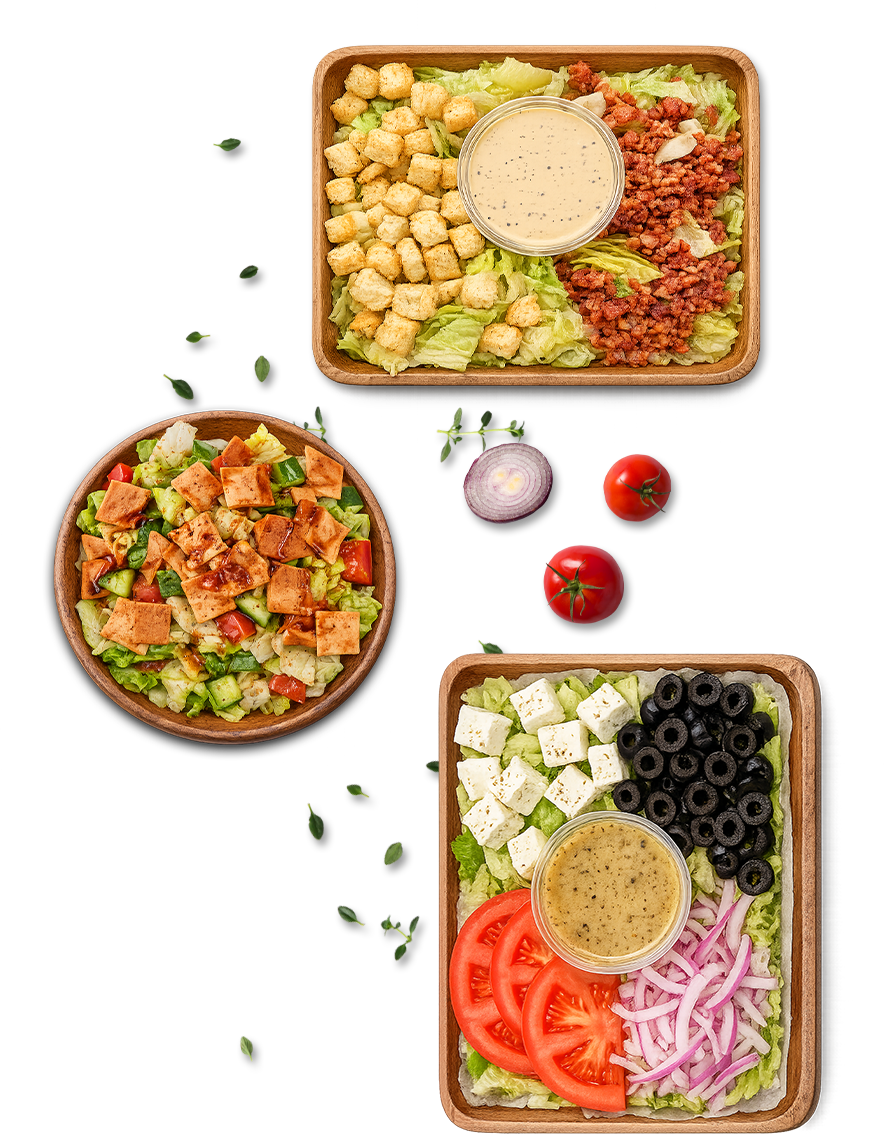 Fattoush, Greek, and Caesar salads